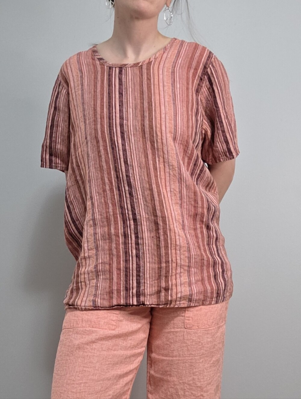 FLAX Striped Short-Sleeve 100% Linen Top in Rose and Peach Medium